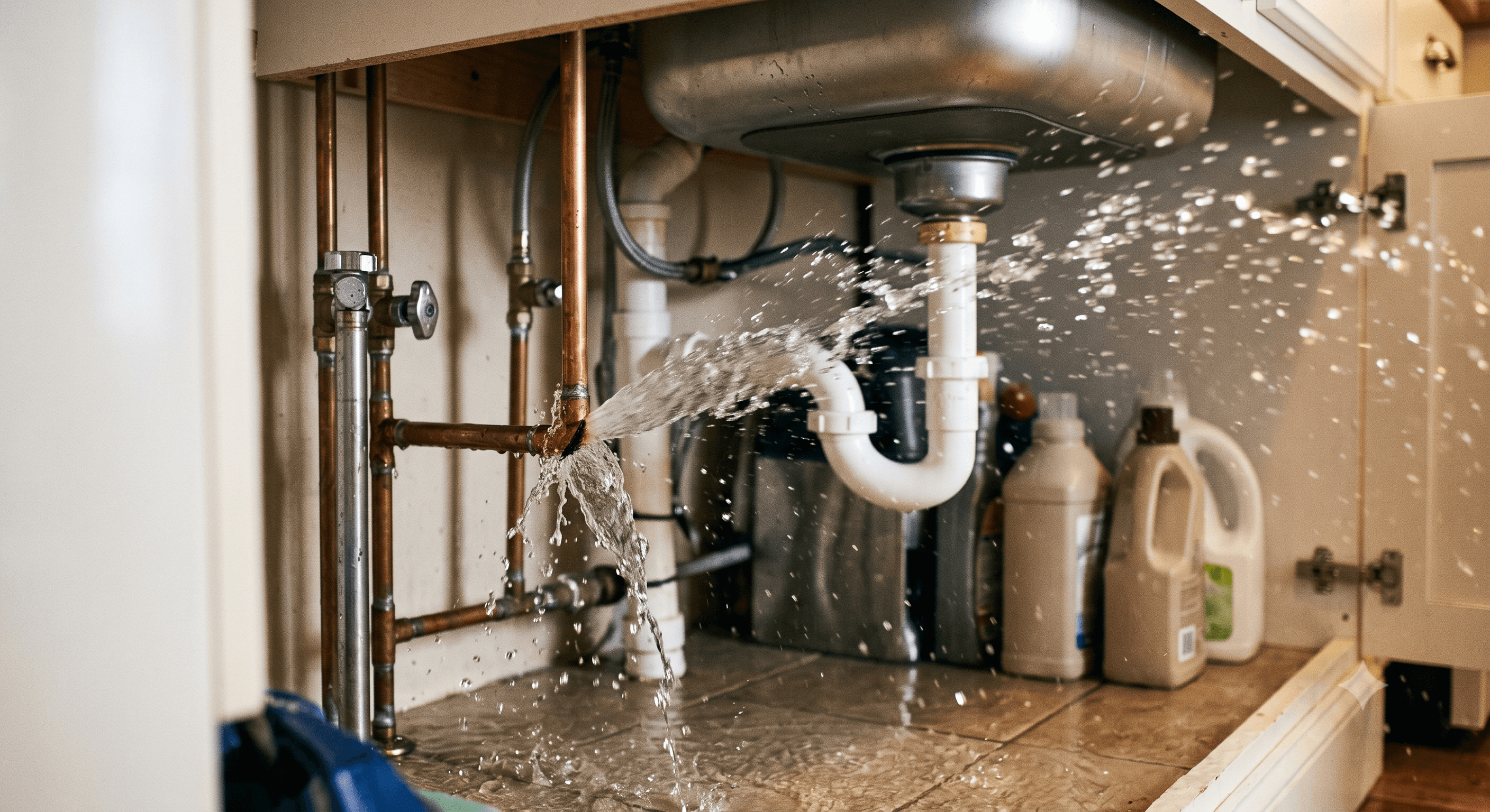 Professional plumber fixing a leaking pipe under a sink