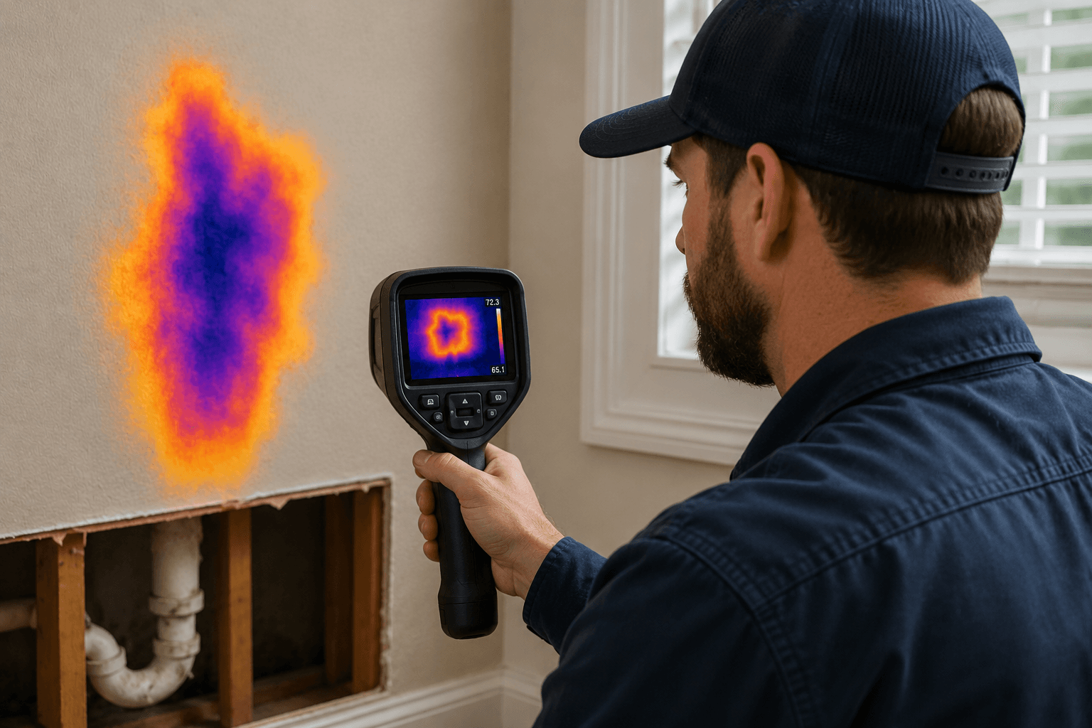 Plumber in Luxembourg utilizing advanced thermal leak detection equipment.
