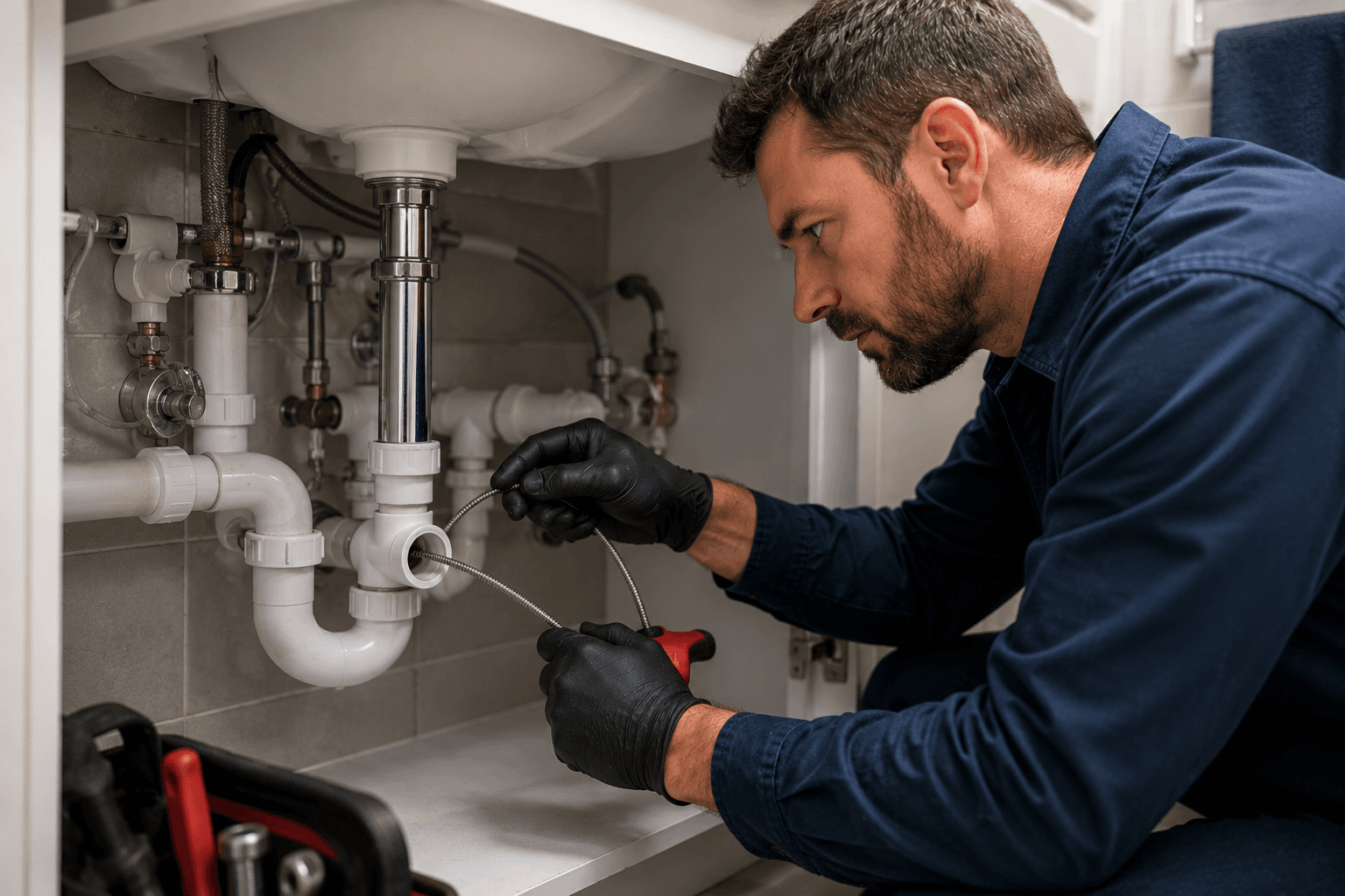 Professional technician performing drain unblocking on a clogged residential sink in Luxembourg.